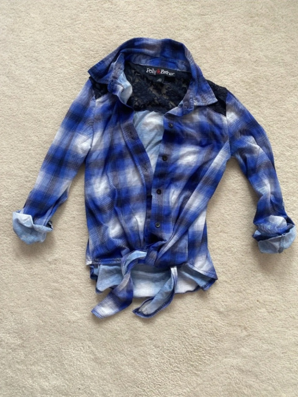 Polly & Esther Blue Plaid Lace Tie-Front Button Flannel Shirt